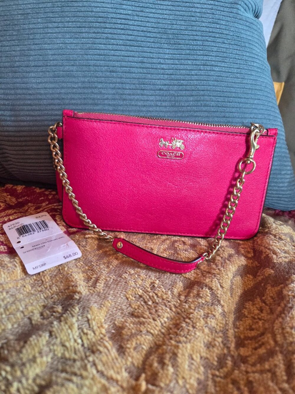 Coach Madison Leather Chain Wristlet in punch